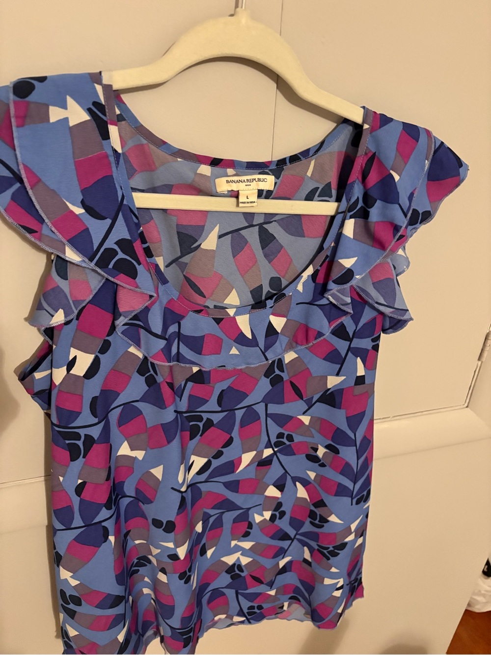 Banana Republic Blue and Pink Abstract Ruffle Shell